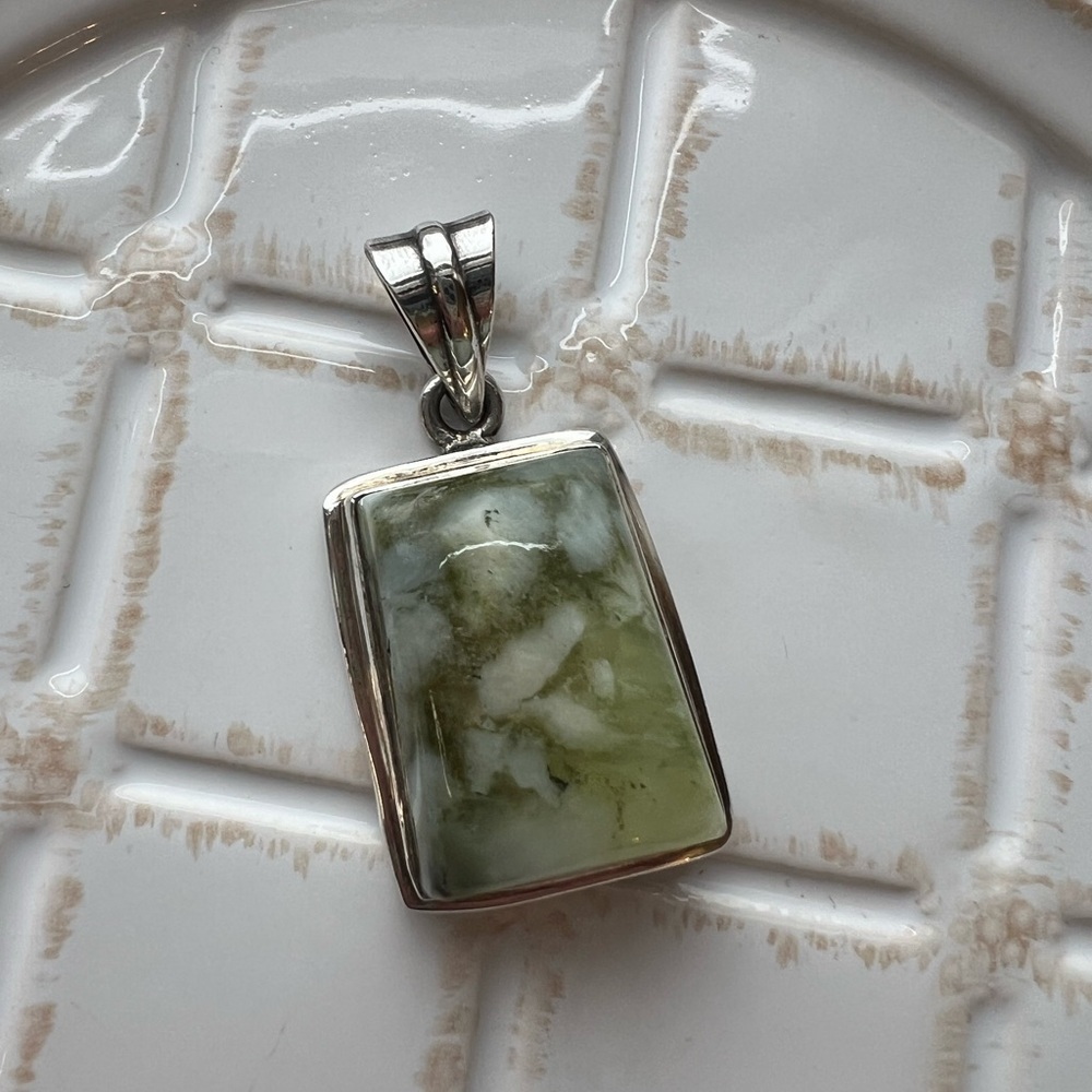 Rectangular Stone Pendant Vintage Sterling Silver Green Cabochon